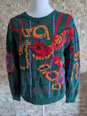 Vintage Holiday Plaid Knit Graphic Green Sweater Ramie Cotton Eclectic Sz M